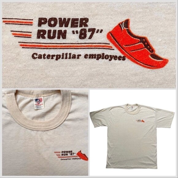 VTG 80s Graphic T Single Stitch Power Run 1987 Cream Unisex Men’s L Women’s XL - Picture 1 of 11